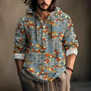 Floral Pattern Linen Hooded Long Sleeve Shirt 2407005274