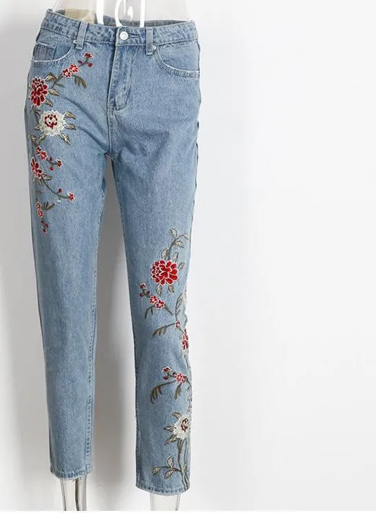 Flower embroidery jeans female Light blue casual pants capris autumn winter Pockets straight jeans women bottom