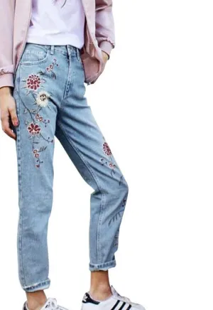 Flower embroidery jeans female Light blue casual pants capris autumn winter Pockets straight jeans women bottom