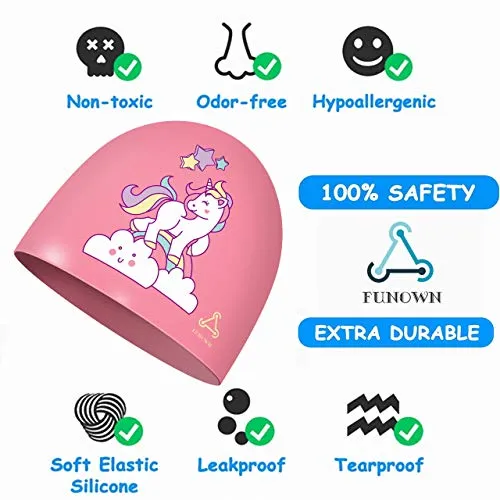 FUNOWN Kids Swim Caps for Kids, Children, Boys and Girls Aged 2-8, Baby Waterproof Bathing Caps for Long and Short Hair (Pink)