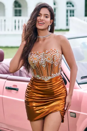 Glitter Copper Tight Strapless Corset Pleated Short Homecoming Dress with Beading