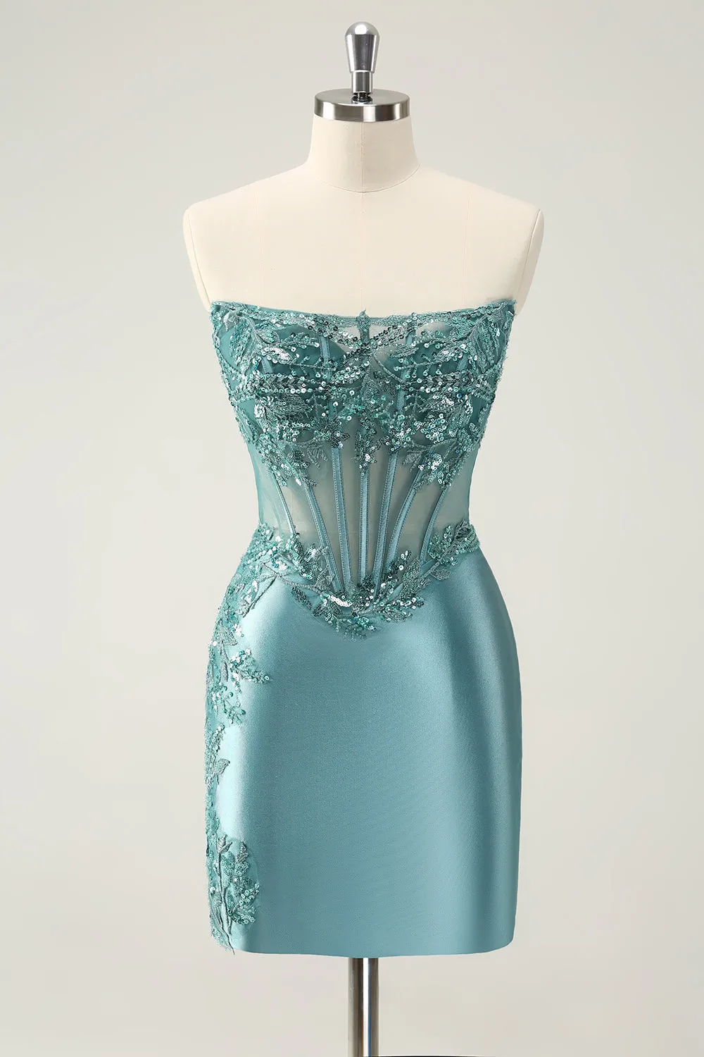 Glitter Tight Strapless Corset Short Peacock Blue Homecoming Dress with Appliques