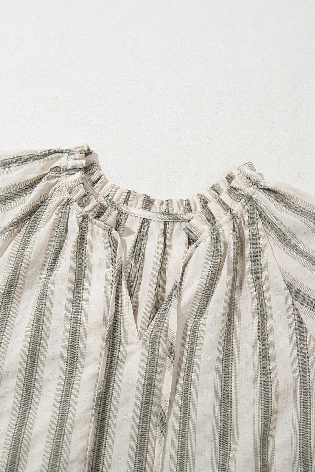 Gray Stripe Frilled Tie Neck Short Sleeve Blouse