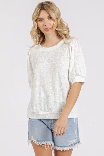 Hazel Blues® |  Mittoshop Fan Shell Texture Short Puff Sleeve Knit Top