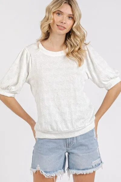 Hazel Blues® |  Mittoshop Fan Shell Texture Short Puff Sleeve Knit Top