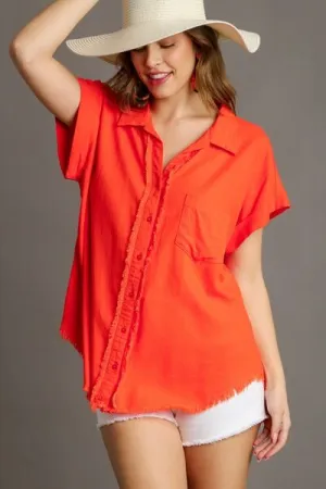 Hazel Blues® | Umgee Linen Blend Button Down Short Folded Sleeve Shirt