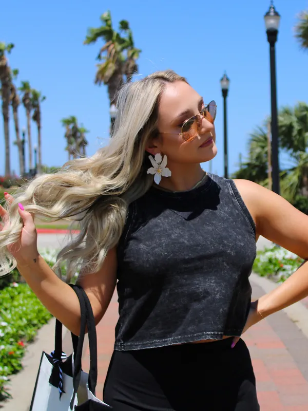 High Tide Sleeveless Crop Top Crew Neck, Black Wash