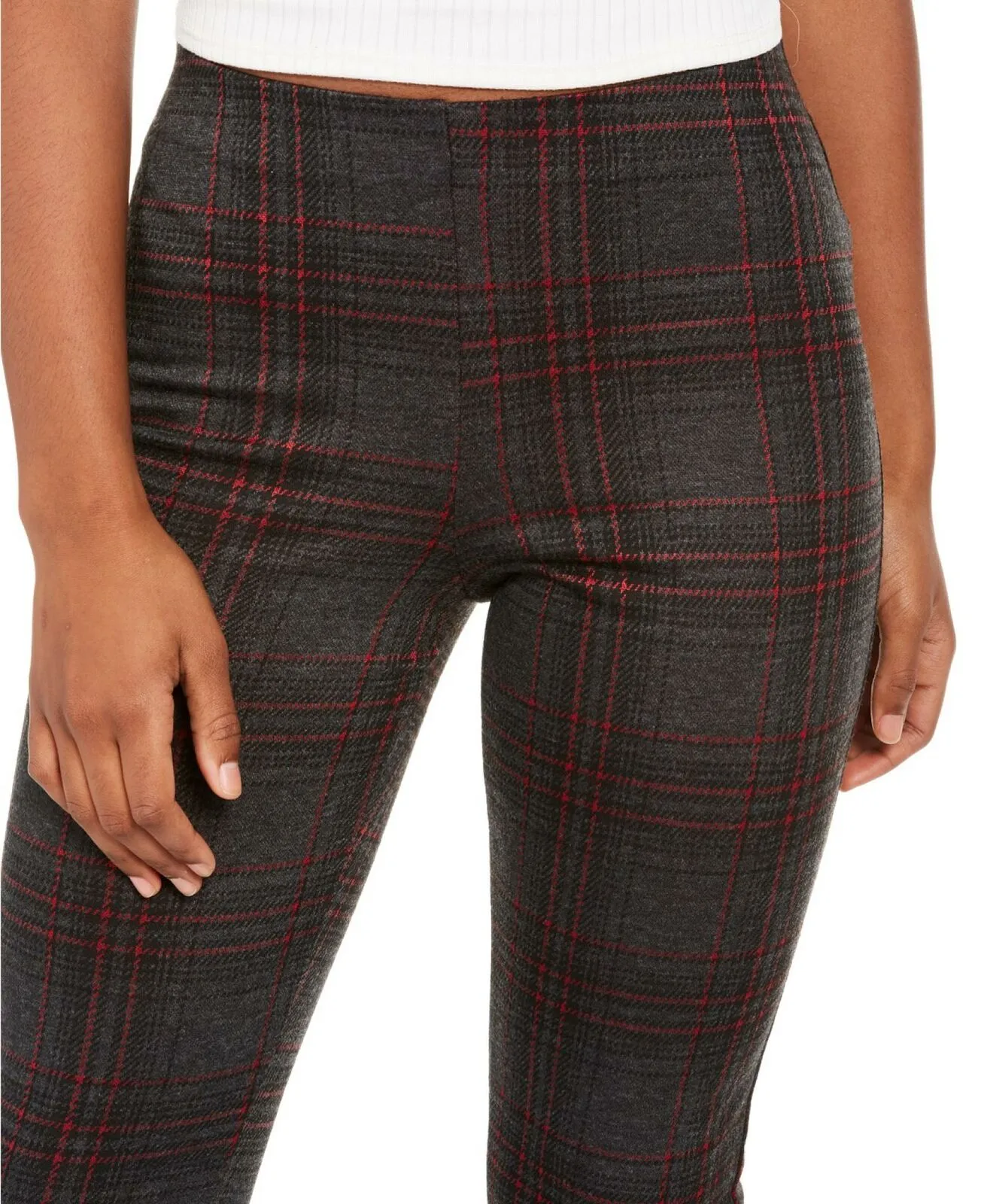 Hippie Rose Women's Junior Fit Plaid Pull On Ponte Pants Plaid Gray Small