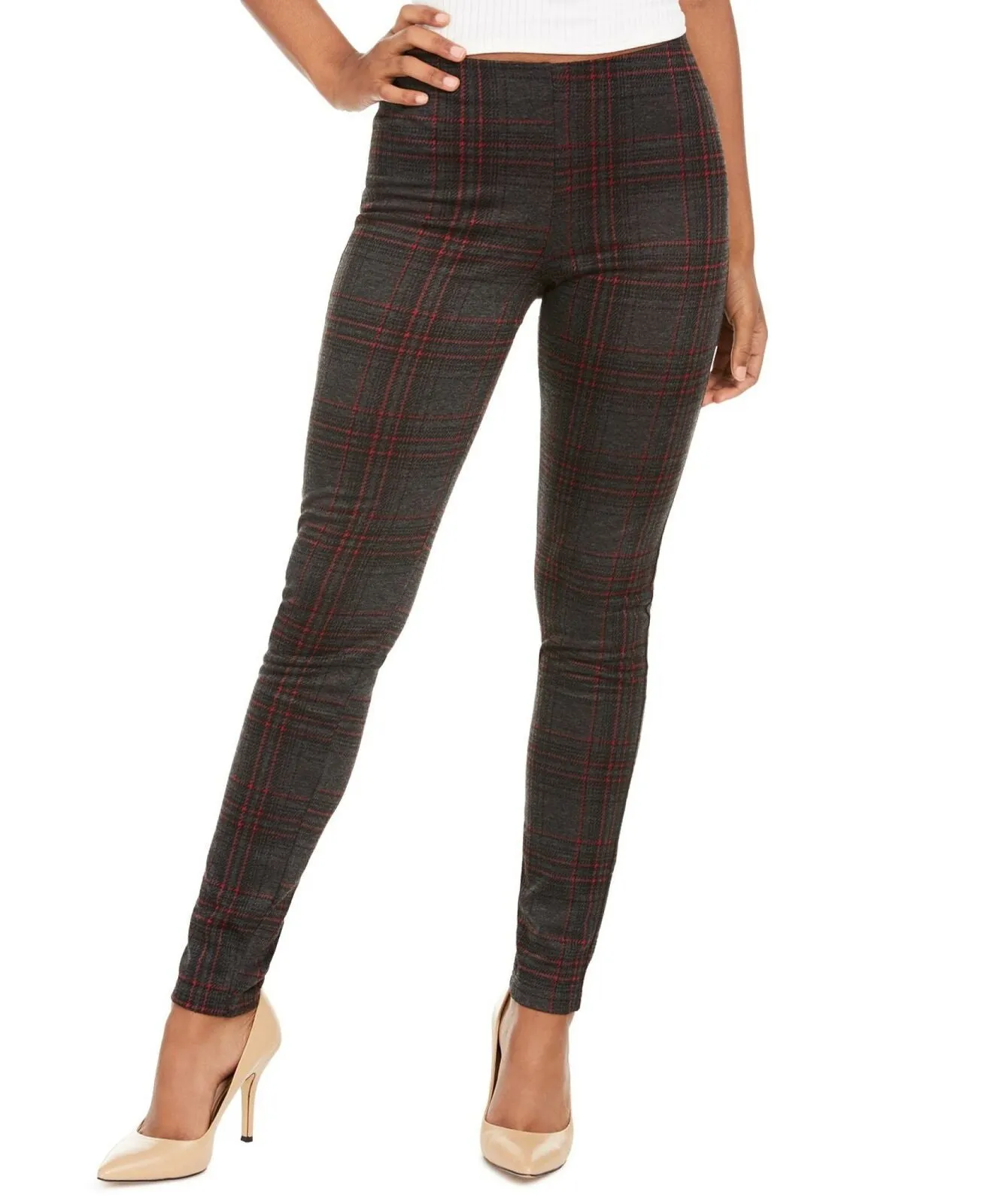 Hippie Rose Women's Junior Fit Plaid Pull On Ponte Pants Plaid Gray Small