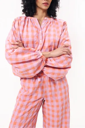 HUS1216 Plaid Balloon Sleeve Set