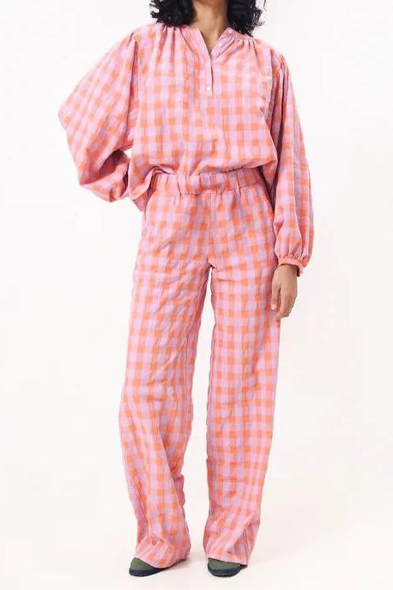 HUS1216 Plaid Balloon Sleeve Set