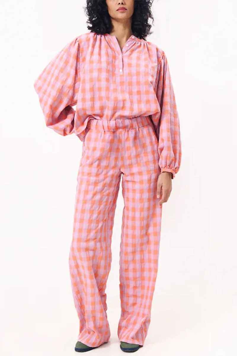 HUS1216 Plaid Balloon Sleeve Set
