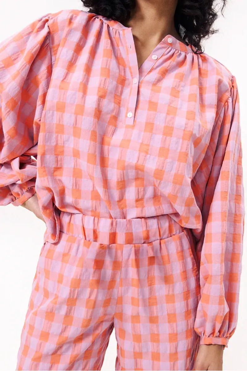 HUS1216 Plaid Balloon Sleeve Set