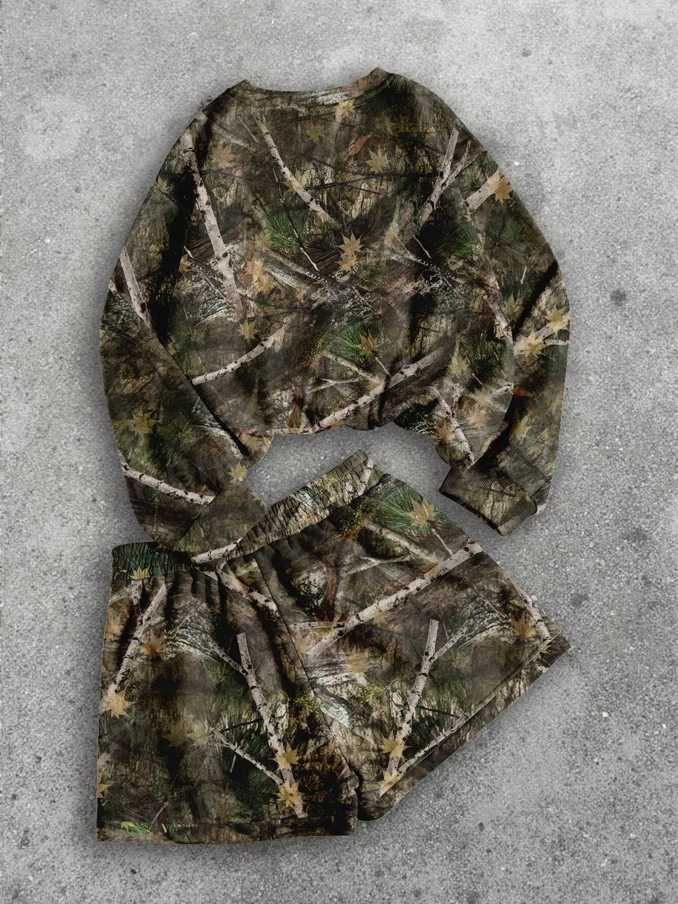 INAWLY Women Casual Trendy Camouflage Tree Branch & Leaf Letter Print Round Neck Sweatshirt And Drawstring Shorts Set
