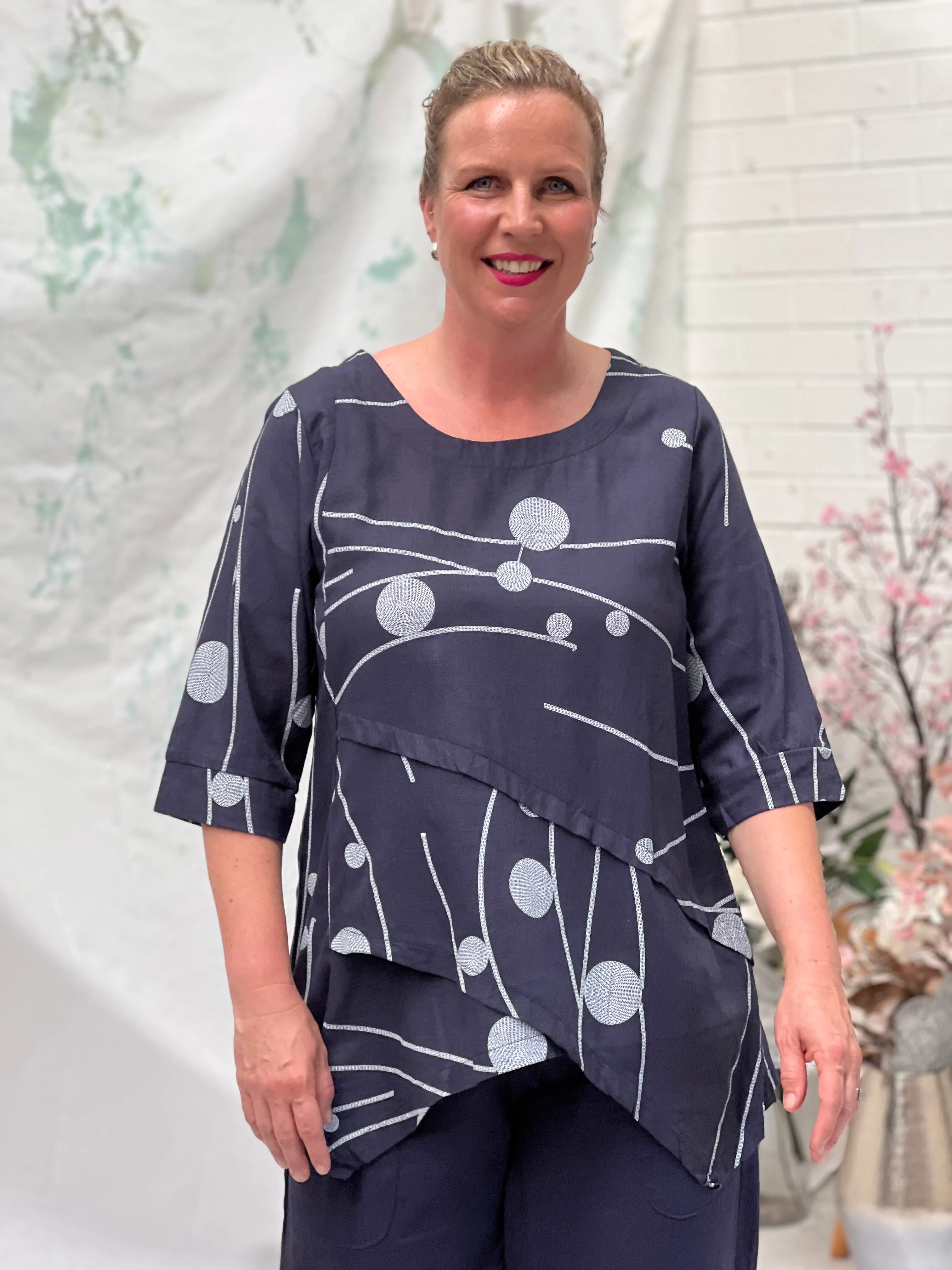 Karla Stitching Navy Linen Top