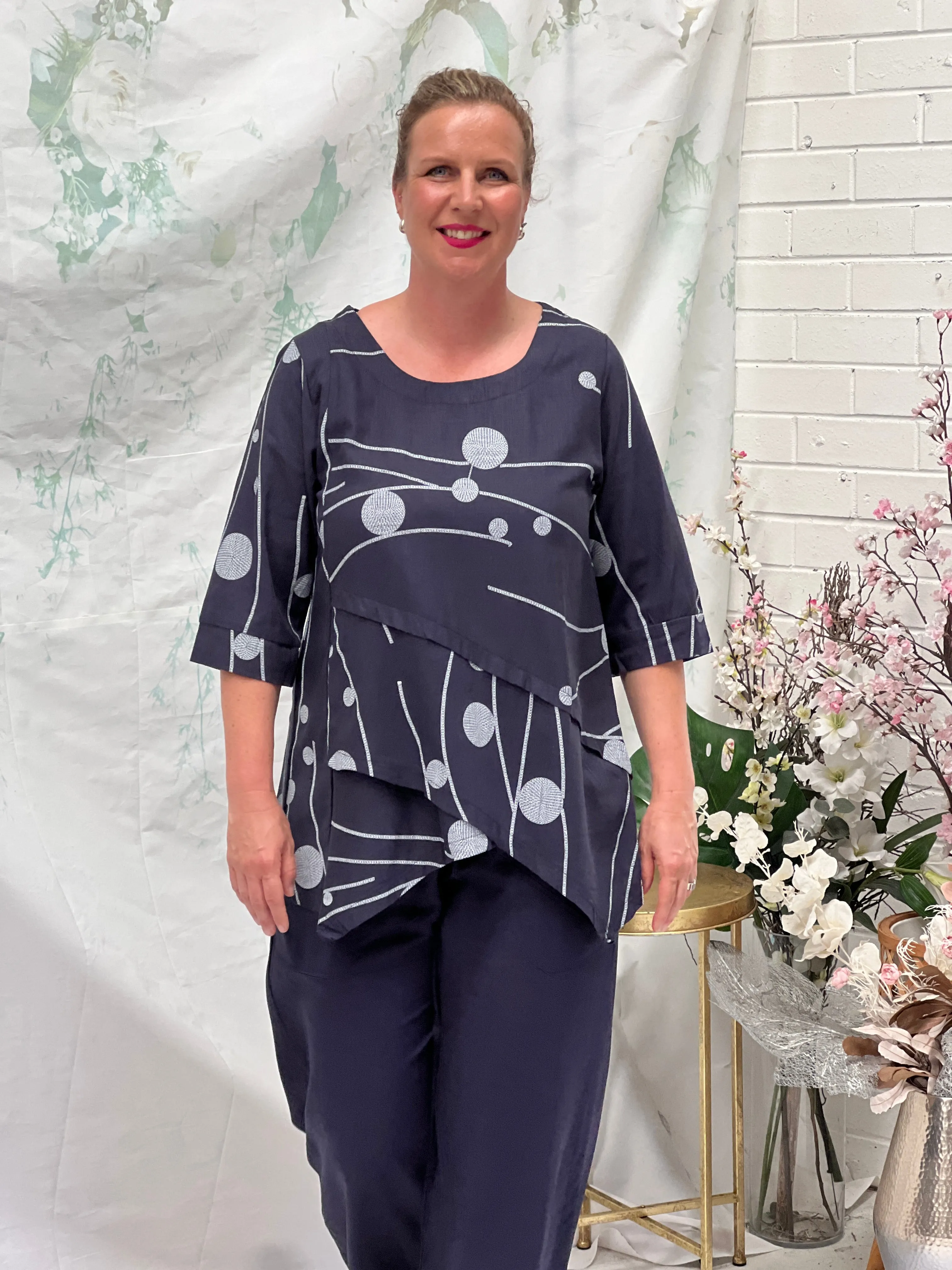 Karla Stitching Navy Linen Top