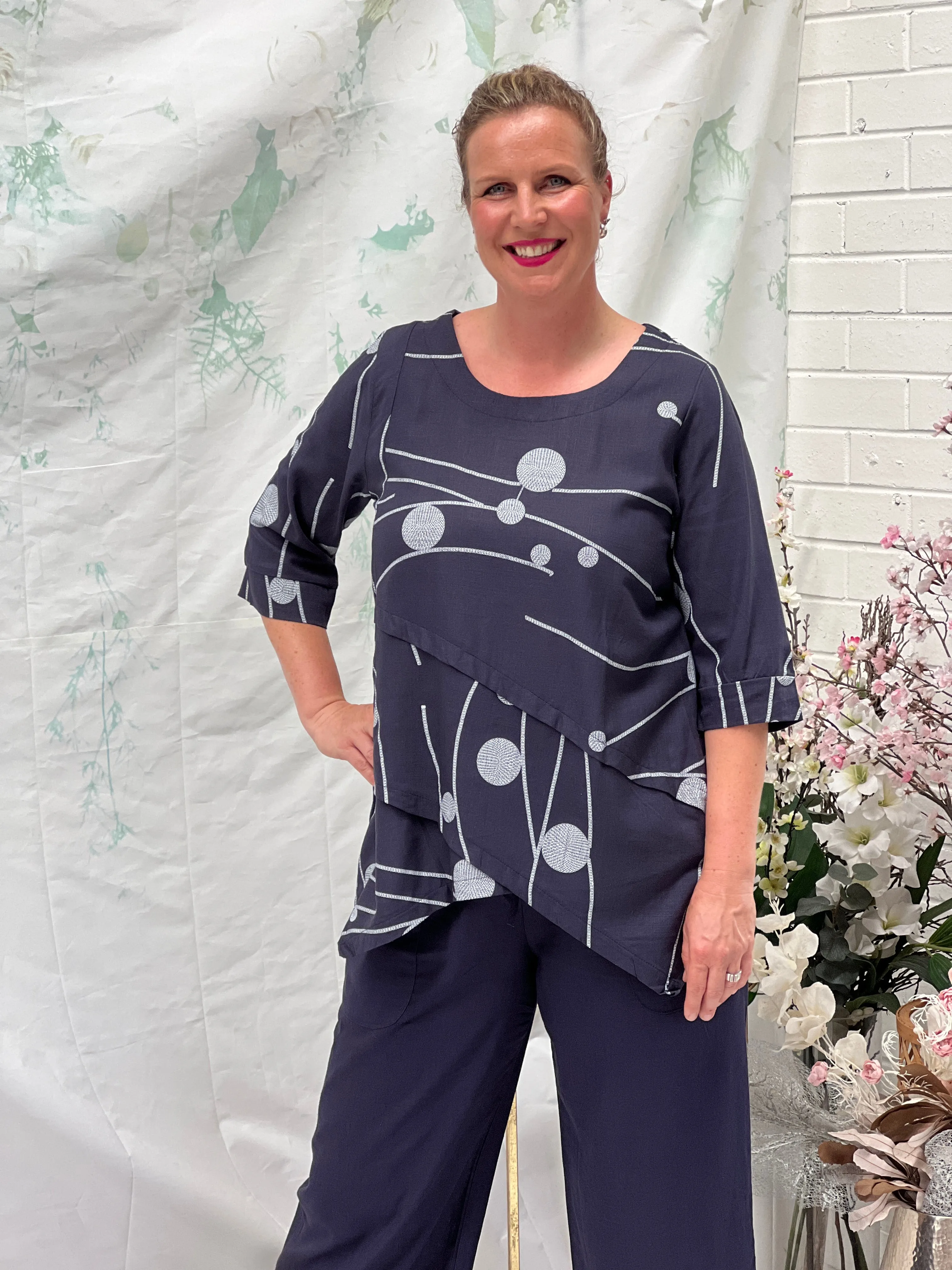 Karla Stitching Navy Linen Top