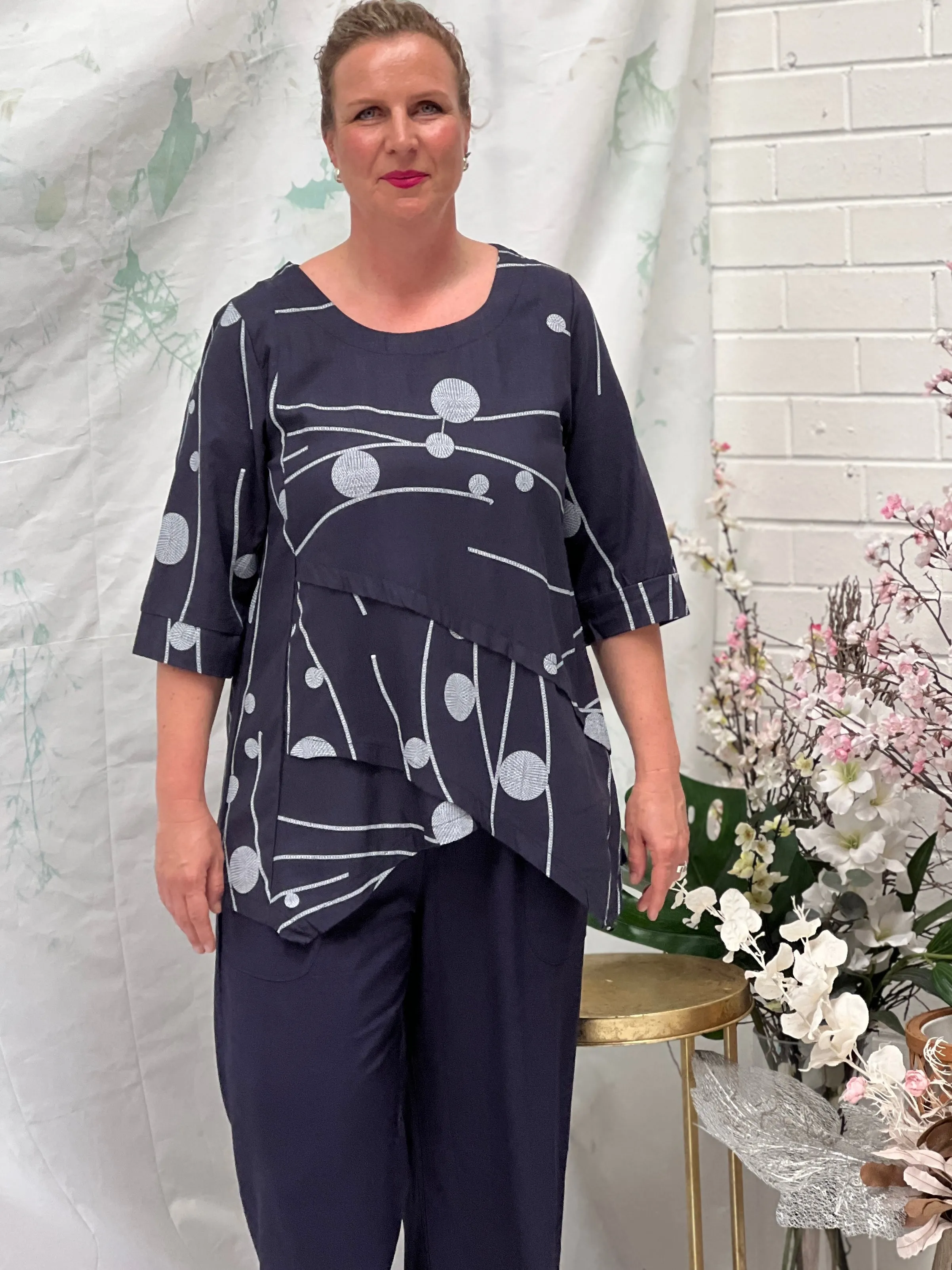 Karla Stitching Navy Linen Top