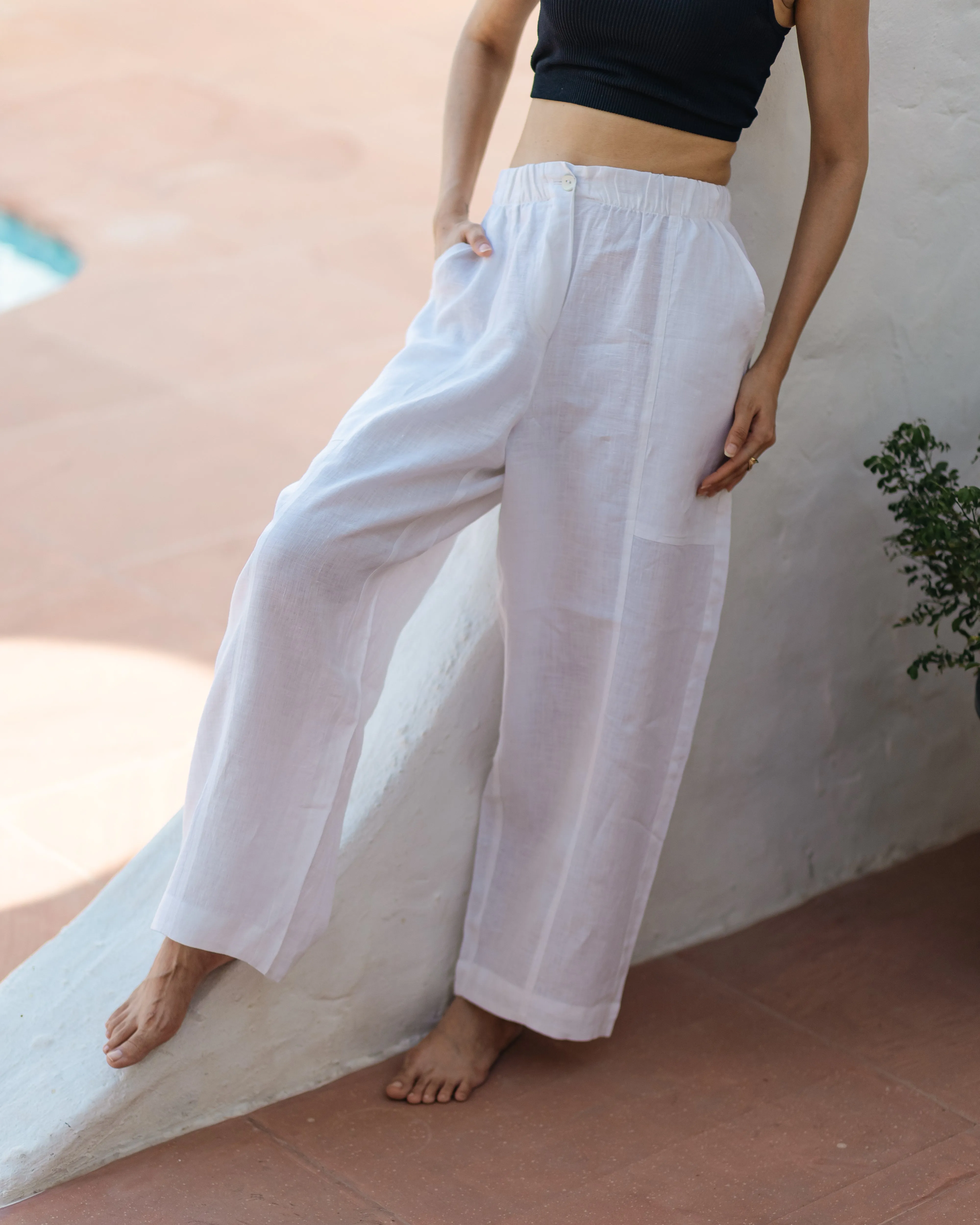 Linen Barrel Pants White