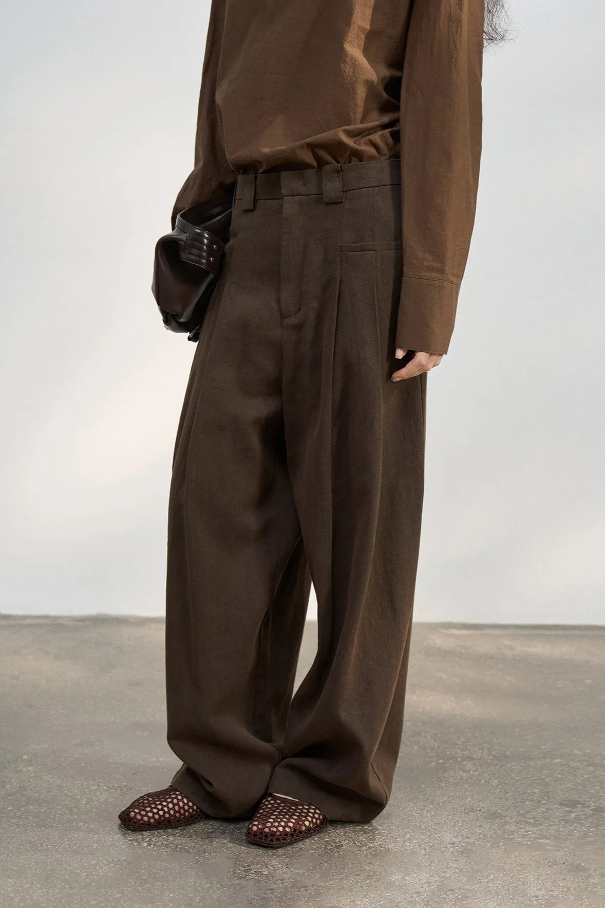 Linen blend wide leg drape casual pants