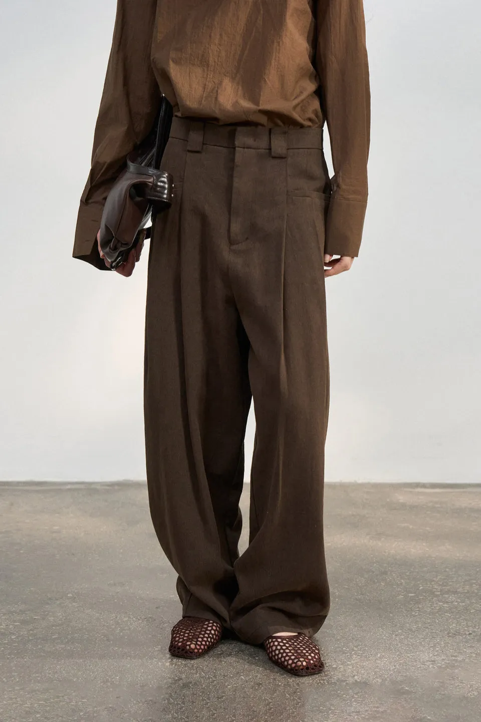 Linen blend wide leg drape casual pants