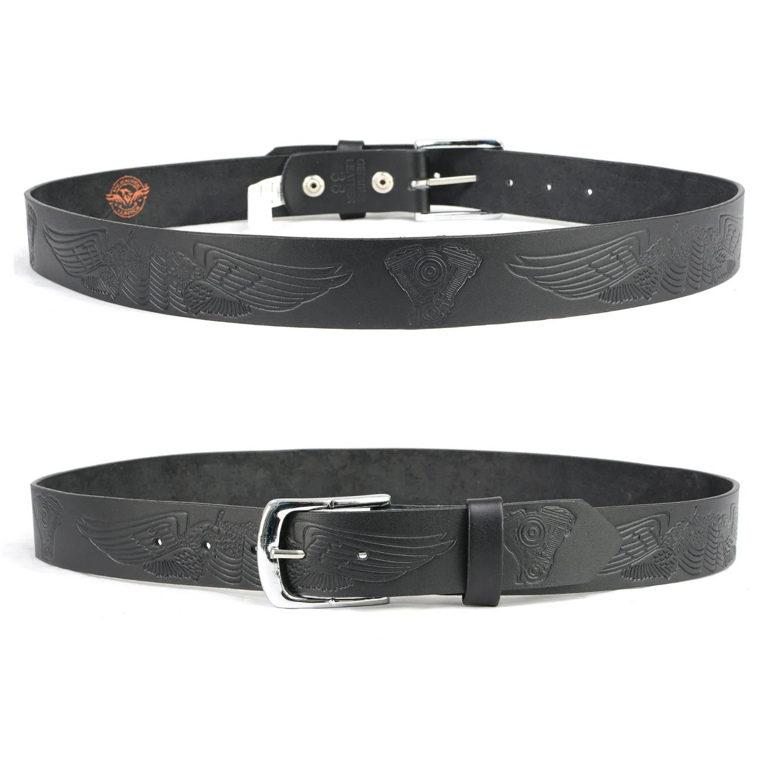 Milwaukee Leather MP7122 Men's Engine Block & Wings - Black Leather Belt w/ Interchangeable Buckle - 1.5 inches Wide
