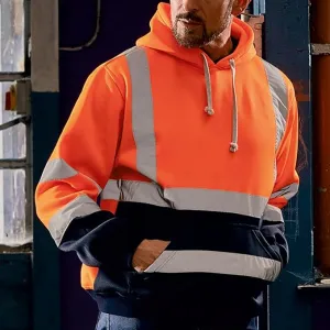 NEW Mens Fleece Reflective Hooded Sweatshirt Long Sleeve High Visibility Striped Hoodies Street Work Safety Pullover Tops, Orange, Sz XL