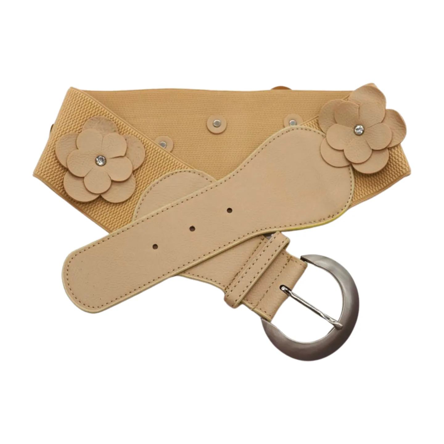 New Women Beige Elastic Waistband Wide Fashion Belt Hip High Waist Flowers Adjustable Size S M