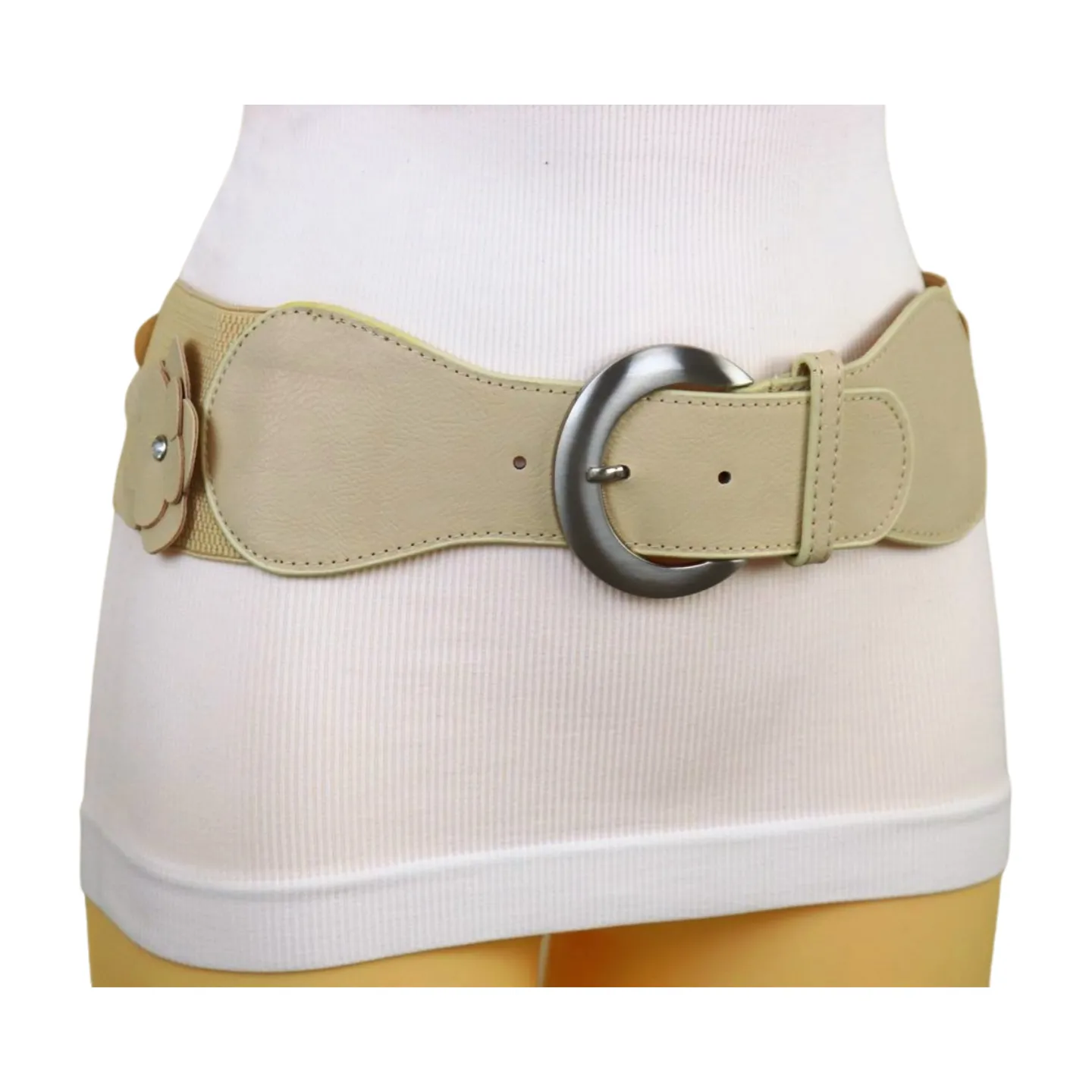 New Women Beige Elastic Waistband Wide Fashion Belt Hip High Waist Flowers Adjustable Size S M
