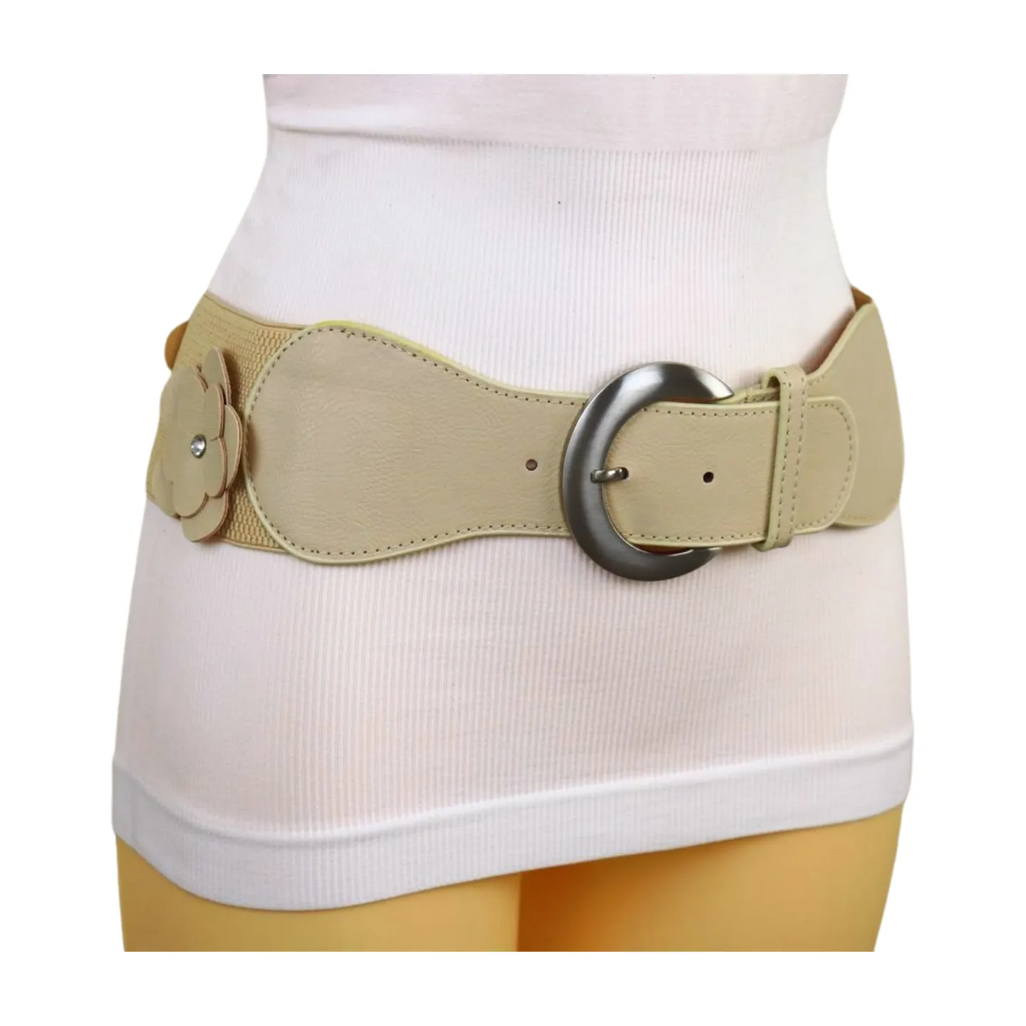 New Women Beige Elastic Waistband Wide Fashion Belt Hip High Waist Flowers Adjustable Size S M