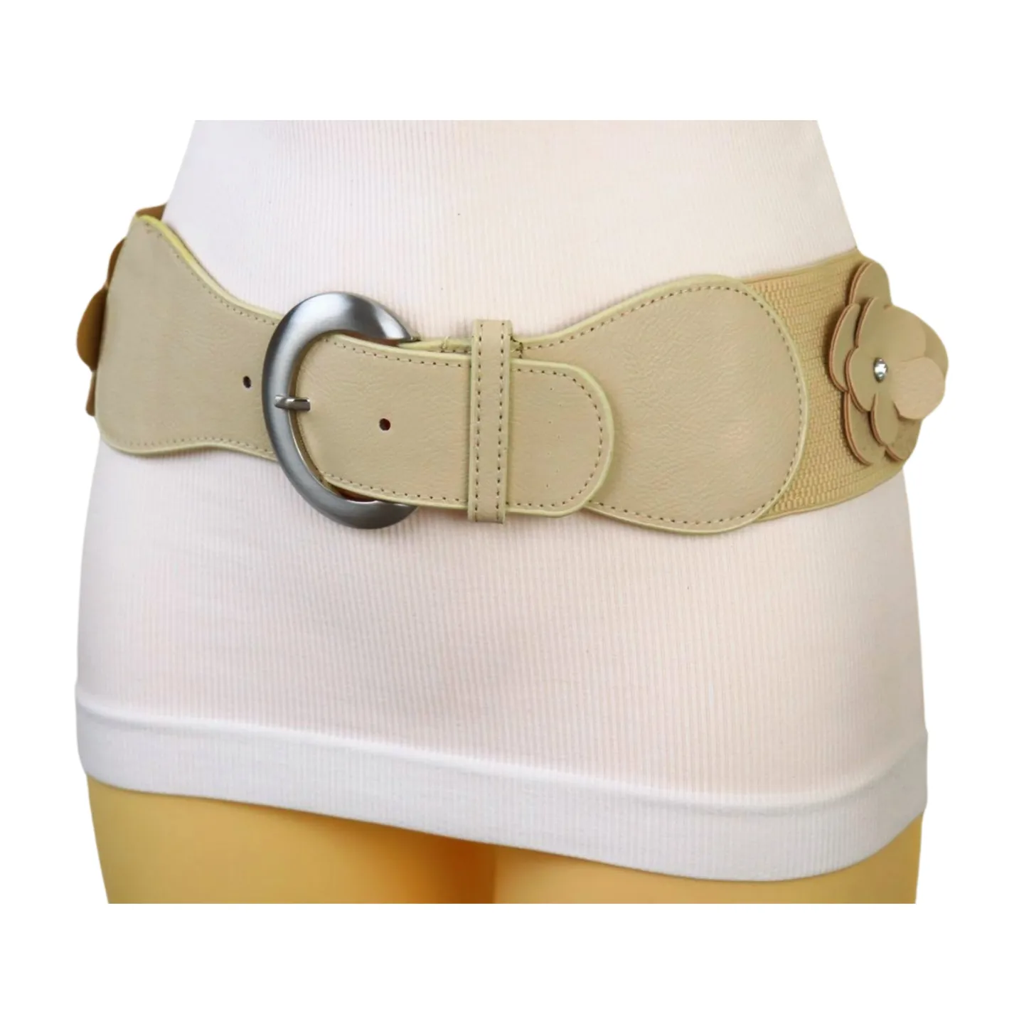 New Women Beige Elastic Waistband Wide Fashion Belt Hip High Waist Flowers Adjustable Size S M