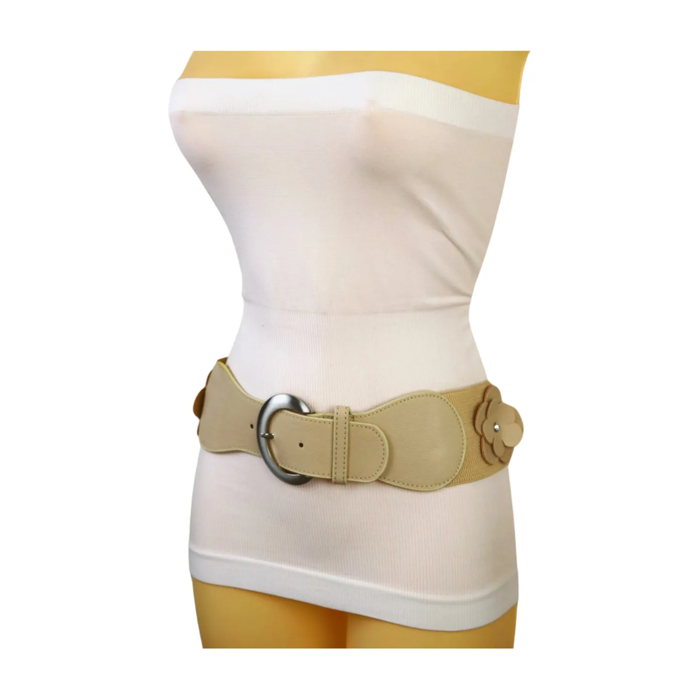 New Women Beige Elastic Waistband Wide Fashion Belt Hip High Waist Flowers Adjustable Size S M