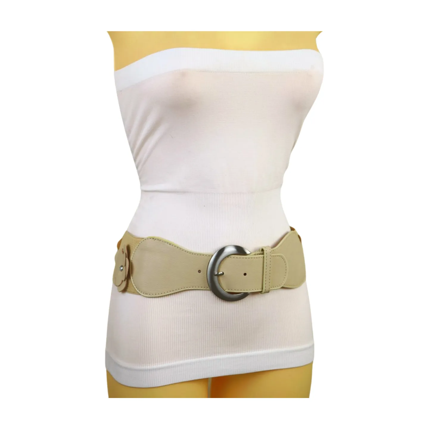New Women Beige Elastic Waistband Wide Fashion Belt Hip High Waist Flowers Adjustable Size S M