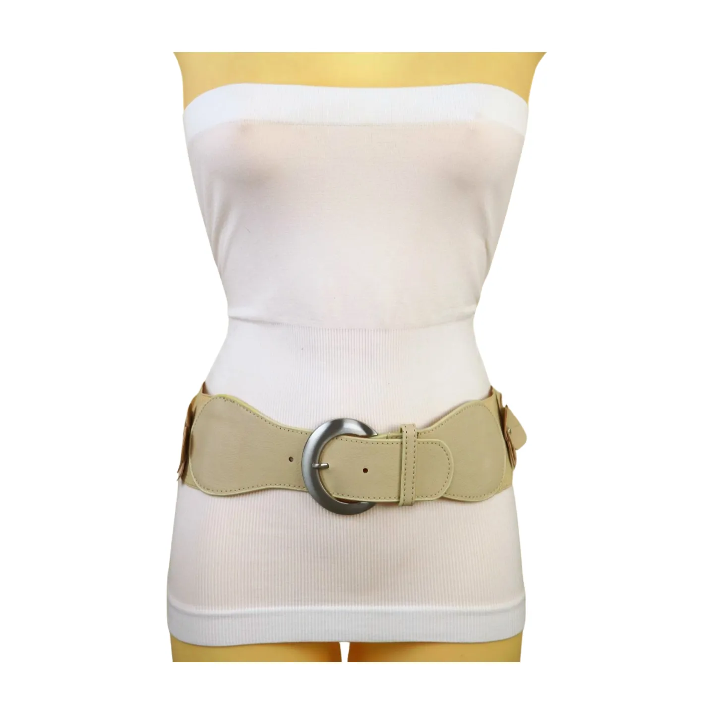 New Women Beige Elastic Waistband Wide Fashion Belt Hip High Waist Flowers Adjustable Size S M