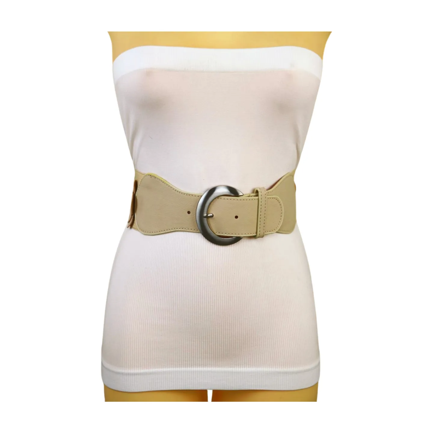 New Women Beige Elastic Waistband Wide Fashion Belt Hip High Waist Flowers Adjustable Size S M