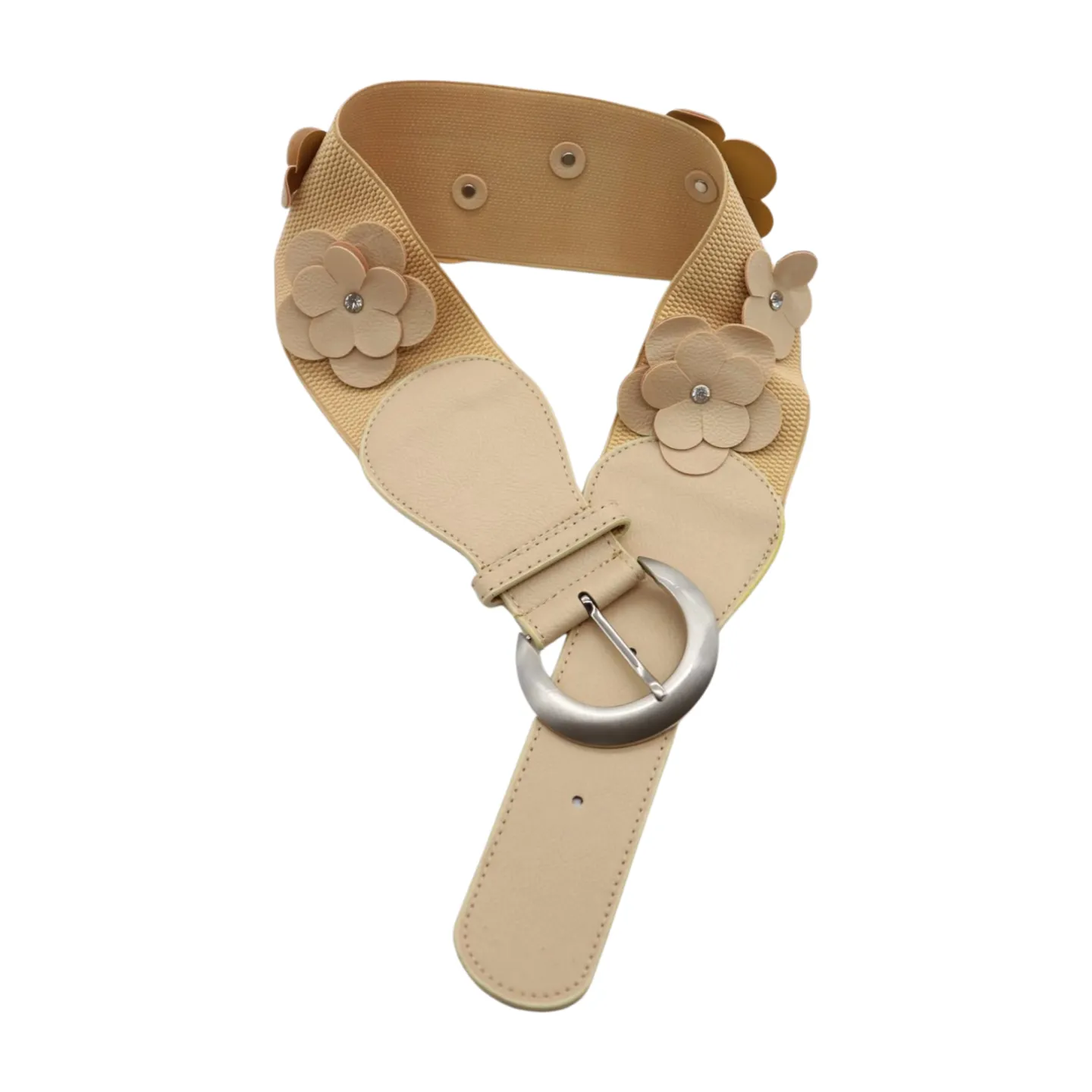 New Women Beige Elastic Waistband Wide Fashion Belt Hip High Waist Flowers Adjustable Size S M