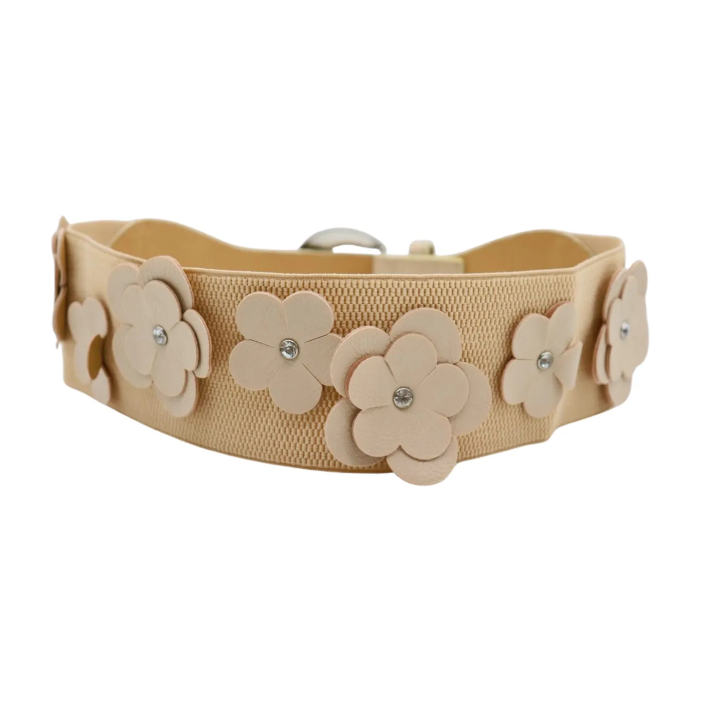 New Women Beige Elastic Waistband Wide Fashion Belt Hip High Waist Flowers Adjustable Size S M