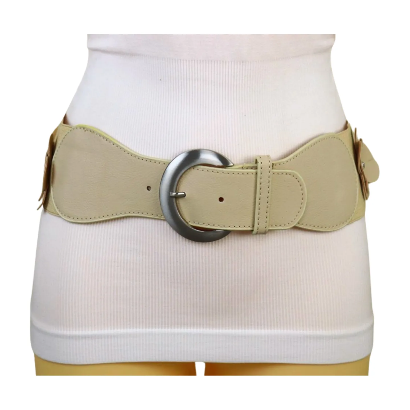 New Women Beige Elastic Waistband Wide Fashion Belt Hip High Waist Flowers Adjustable Size S M