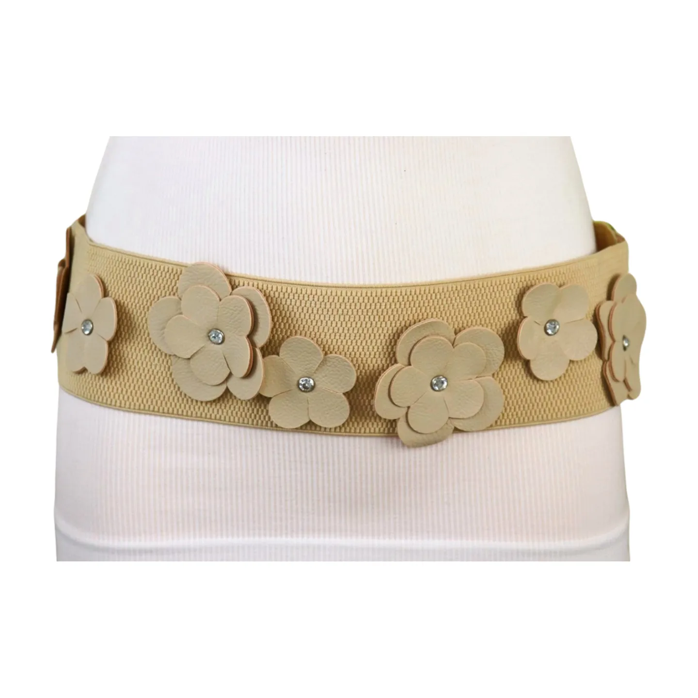 New Women Beige Elastic Waistband Wide Fashion Belt Hip High Waist Flowers Adjustable Size S M