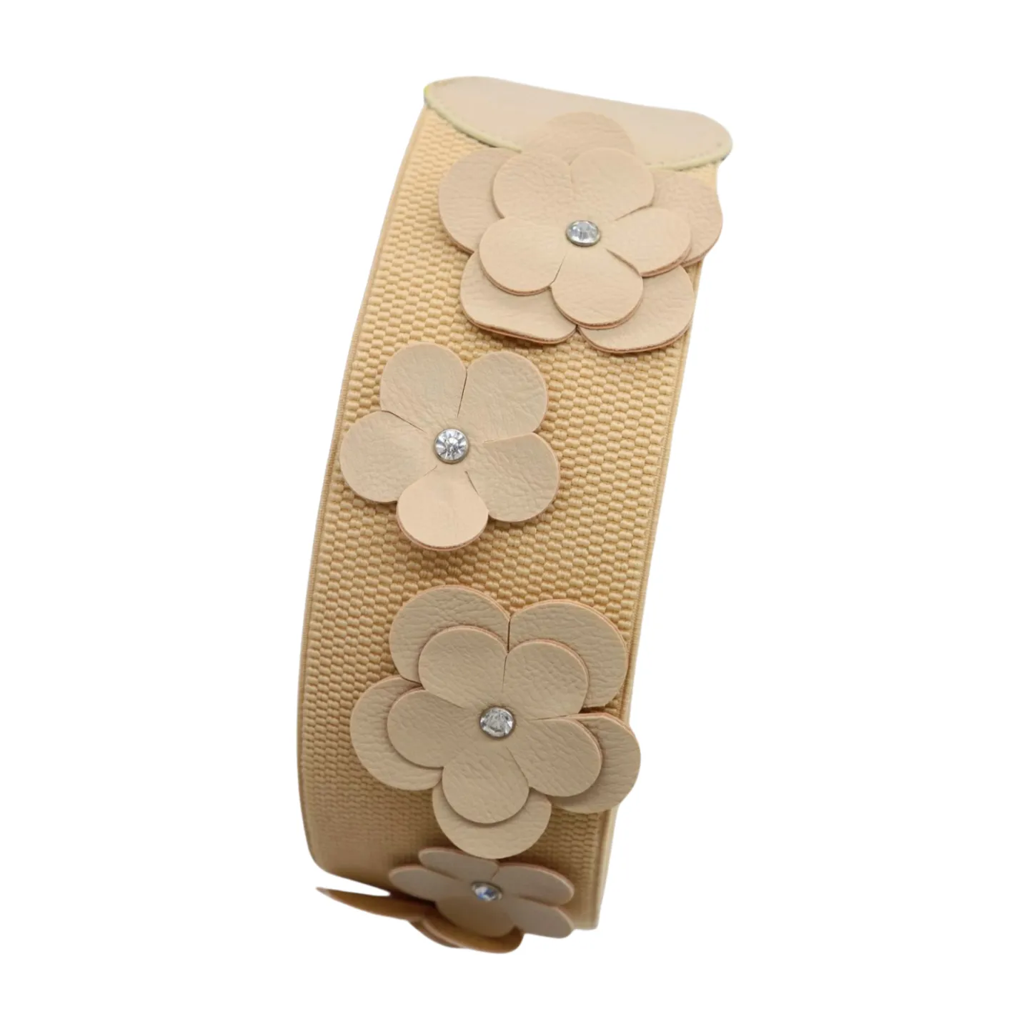 New Women Beige Elastic Waistband Wide Fashion Belt Hip High Waist Flowers Adjustable Size S M