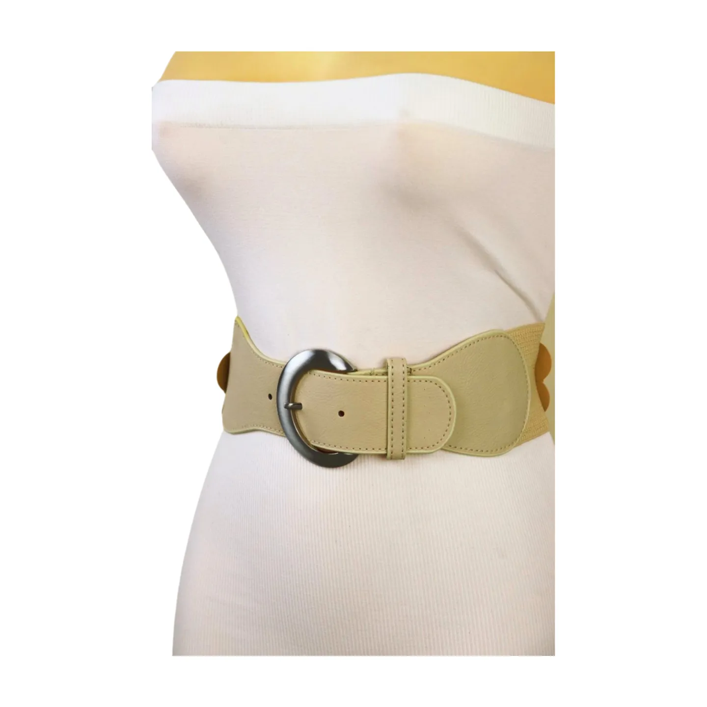 New Women Beige Elastic Waistband Wide Fashion Belt Hip High Waist Flowers Adjustable Size S M