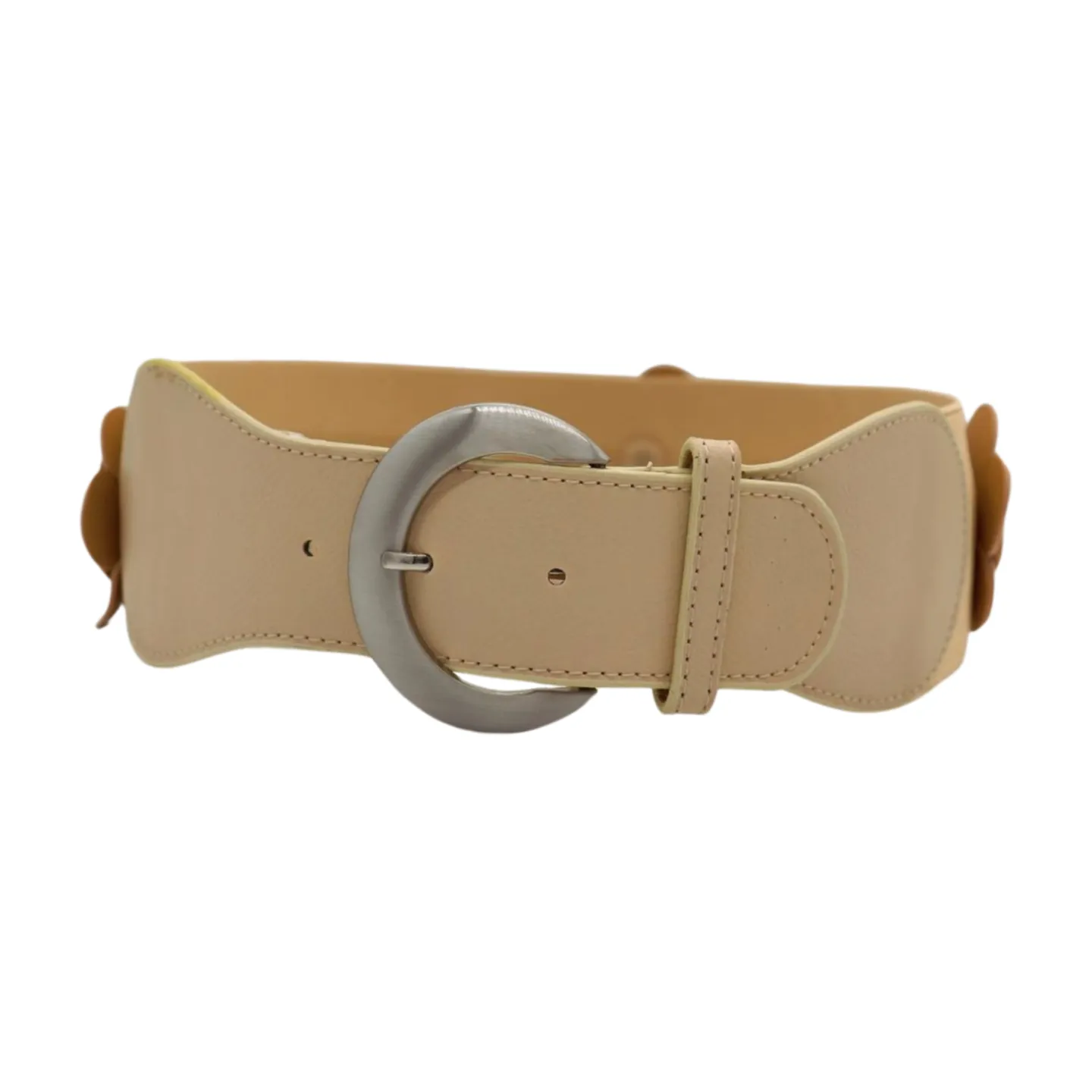 New Women Beige Elastic Waistband Wide Fashion Belt Hip High Waist Flowers Adjustable Size S M