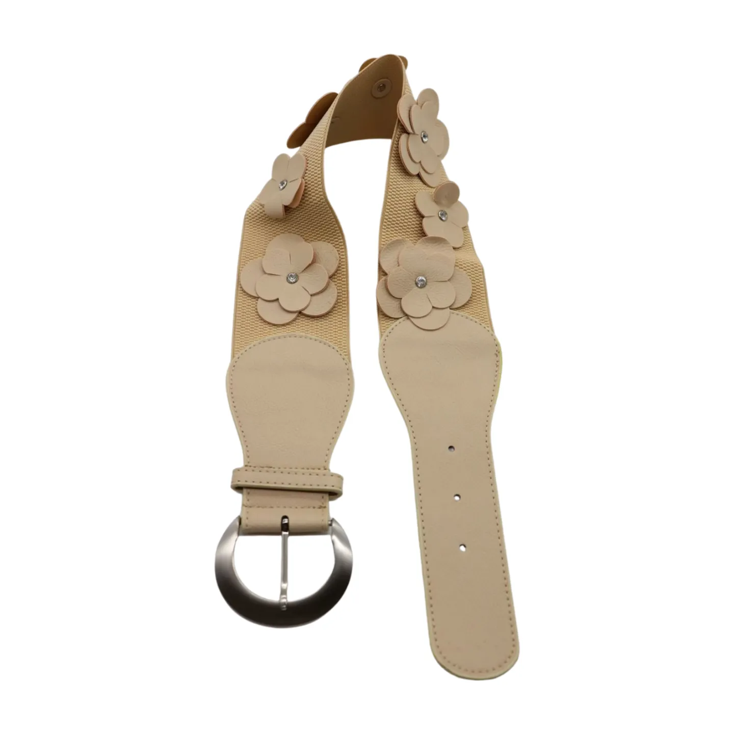New Women Beige Elastic Waistband Wide Fashion Belt Hip High Waist Flowers Adjustable Size S M