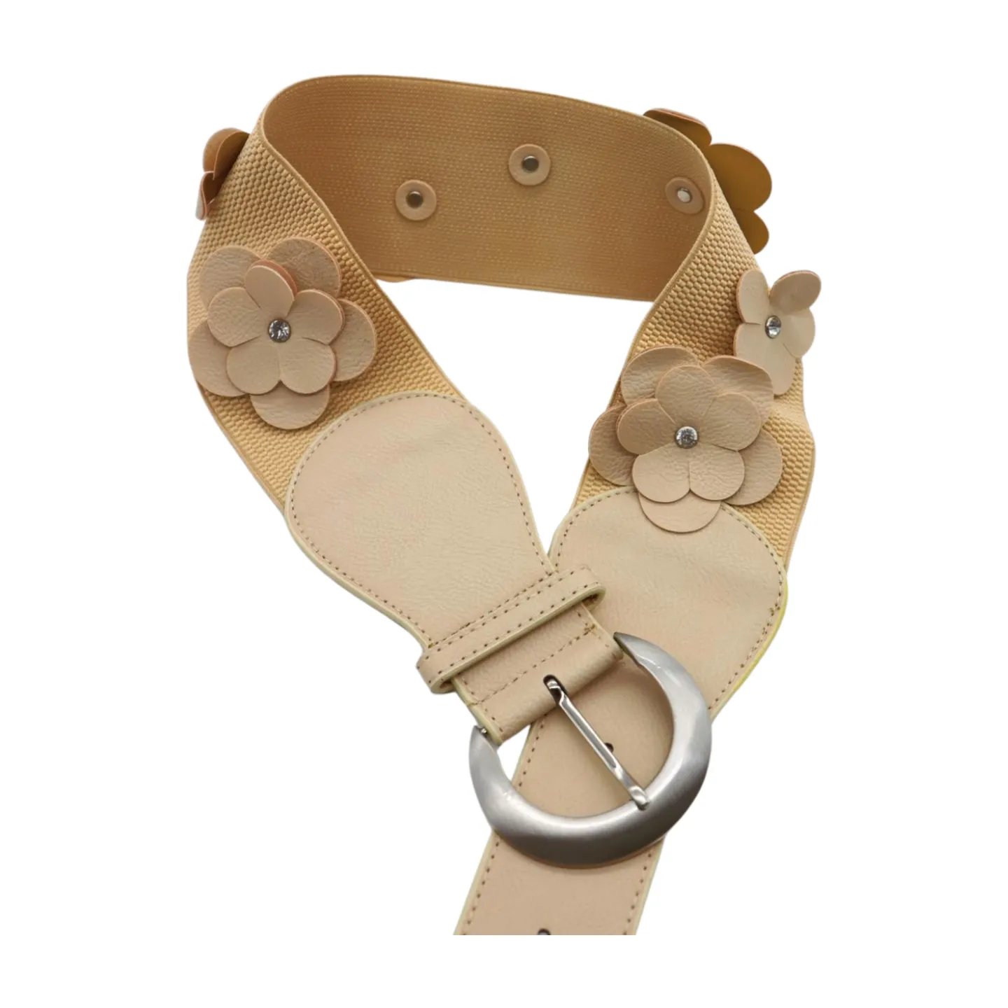 New Women Beige Elastic Waistband Wide Fashion Belt Hip High Waist Flowers Adjustable Size S M