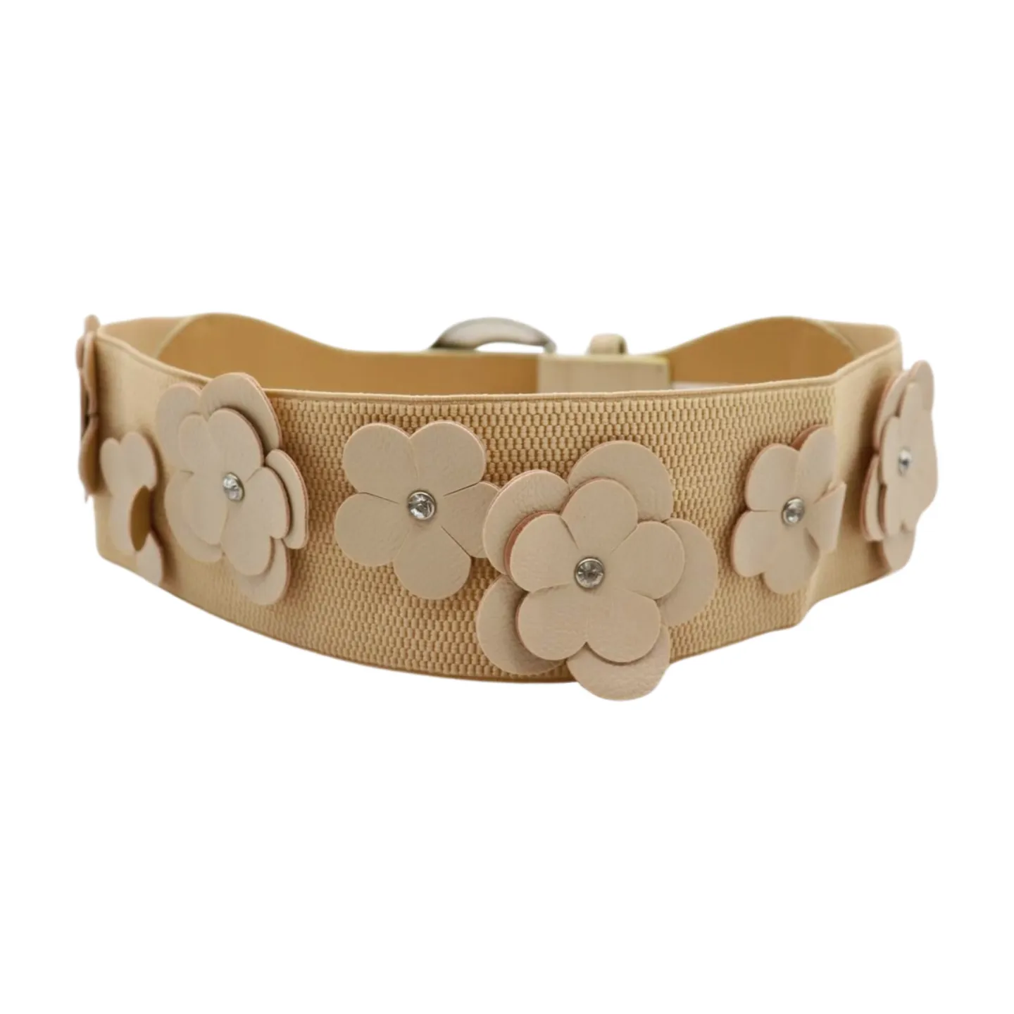 New Women Beige Elastic Waistband Wide Fashion Belt Hip High Waist Flowers Adjustable Size S M
