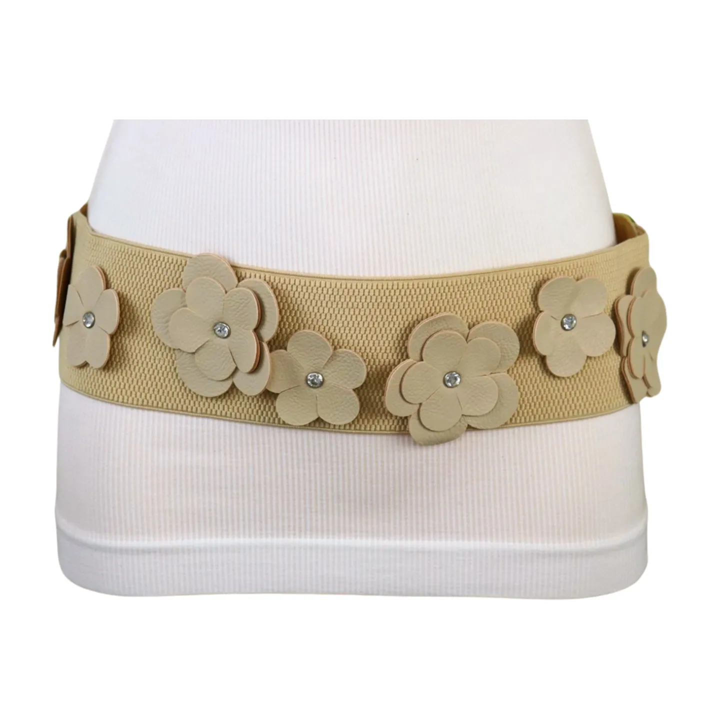 New Women Beige Elastic Waistband Wide Fashion Belt Hip High Waist Flowers Adjustable Size S M