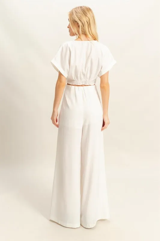 Off White Twisted Front Short Sleeve Top and Wide Leg Pants Set