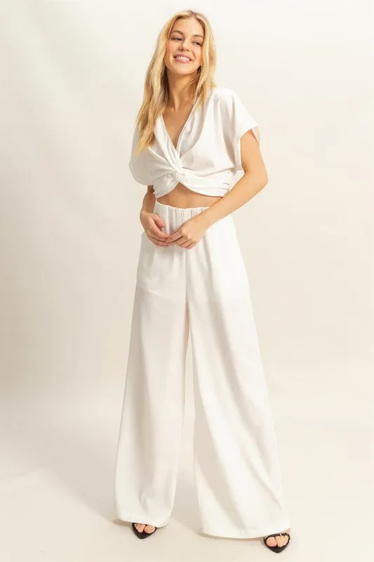 Off White Twisted Front Short Sleeve Top and Wide Leg Pants Set