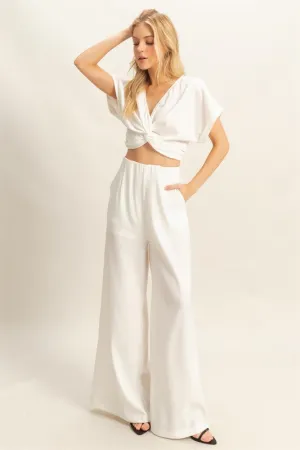 Off White Twisted Front Short Sleeve Top and Wide Leg Pants Set