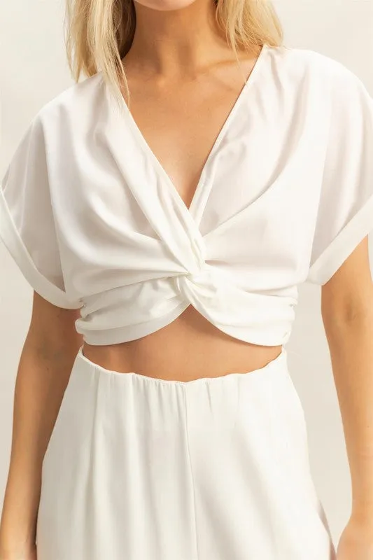 Off White Twisted Front Short Sleeve Top and Wide Leg Pants Set